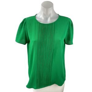 Cece Women's Green Pleated Front Short Puff Sleeve Shirt Blouse Top Size S